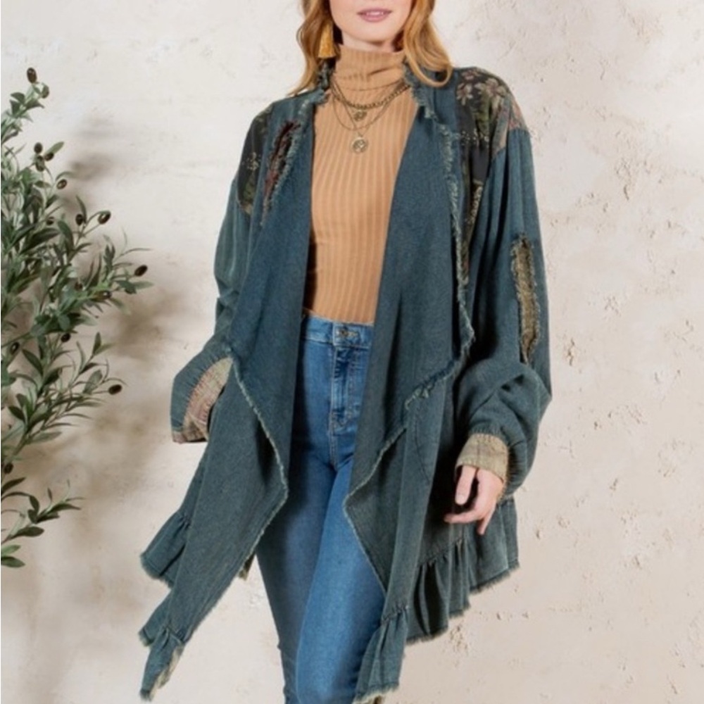 NWT YOUNG THREADS WESTERN BOHO PATCHED DENIM SHRUG - Picture 2 of 9